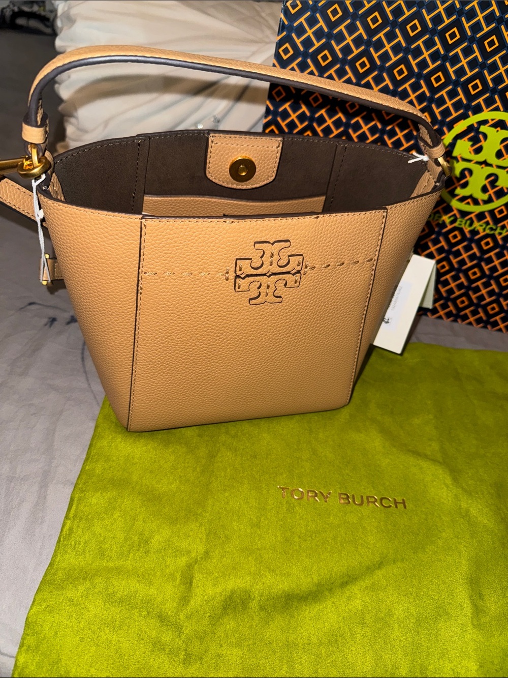 Tory Burch Pebbled Leather Tan Bucket Shoulder Bag